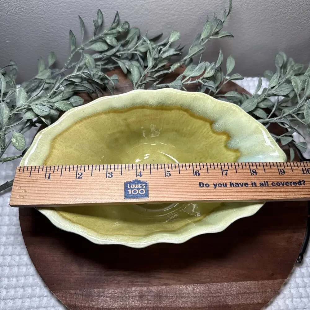 Vintage Mid Century USA P-1 Drip Glaze Pottery Console Bowl Green Yellow 50s 60s